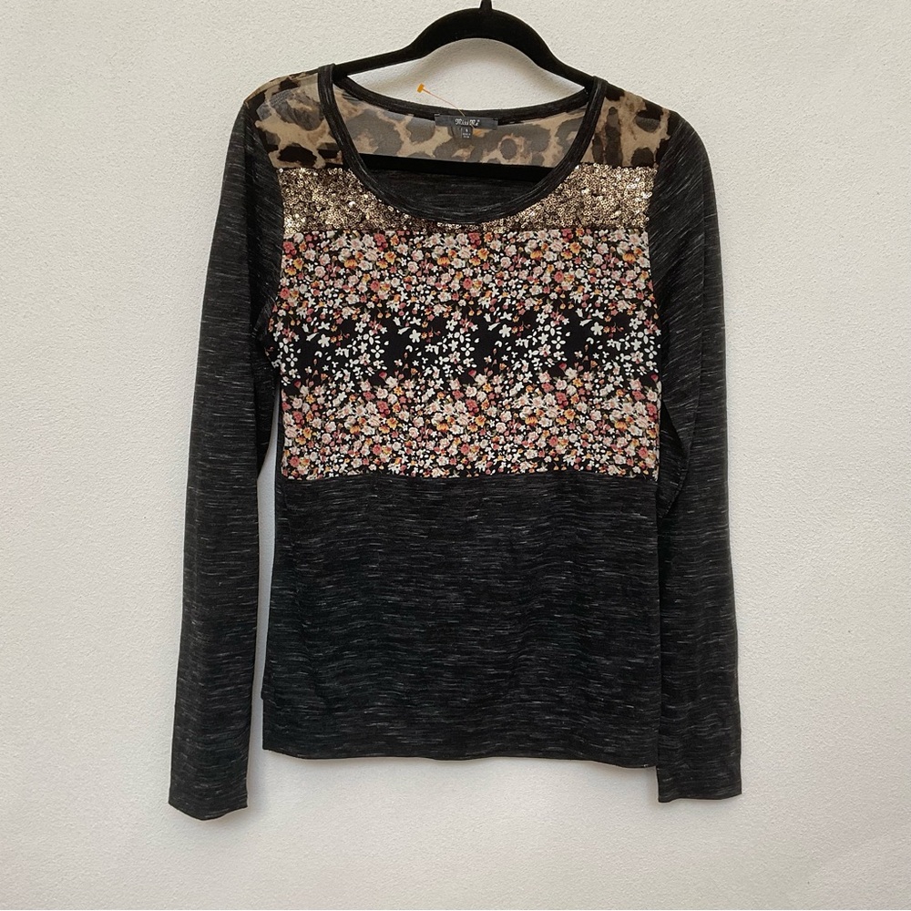 MissMe Floral, Sparkle, Leopard Print Striped Heathered Black Long Sleeve Size S